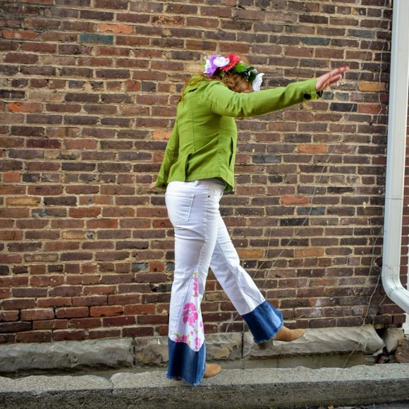 White Denim Bell Bottoms - Pink Floral Pants - Picture 2 of 8